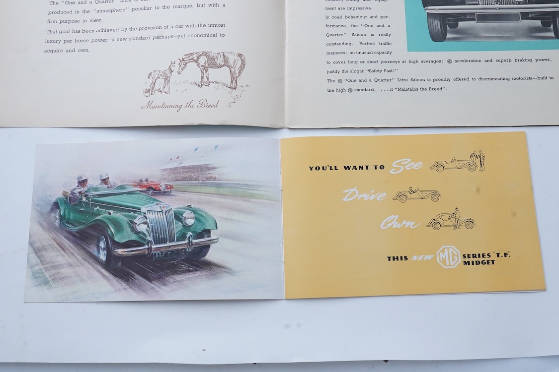 Three 1940s and 1950s MG motor car manufacturer’s brochures; the MG Series T.F. Midget (produced 1953-55), the MGA (produced 1955-62), and the MG Y 1.25lt saloon (produced 1947-53), including the additional leaflet conta